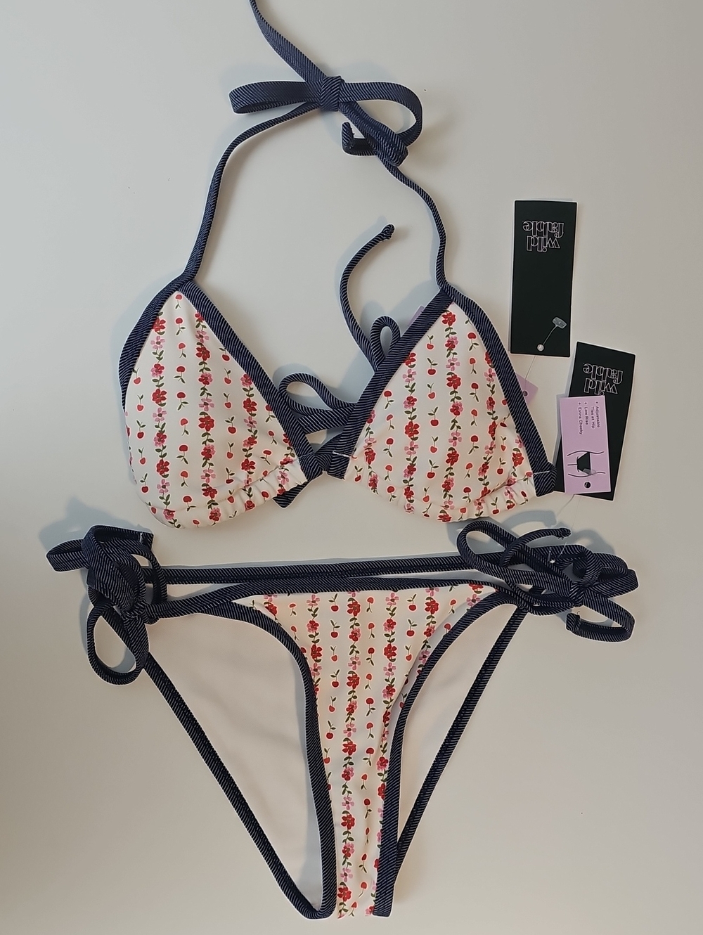 Wild Fable Women's XXS Off-White Floral & Cherry Print Bikini with Navy Trim
